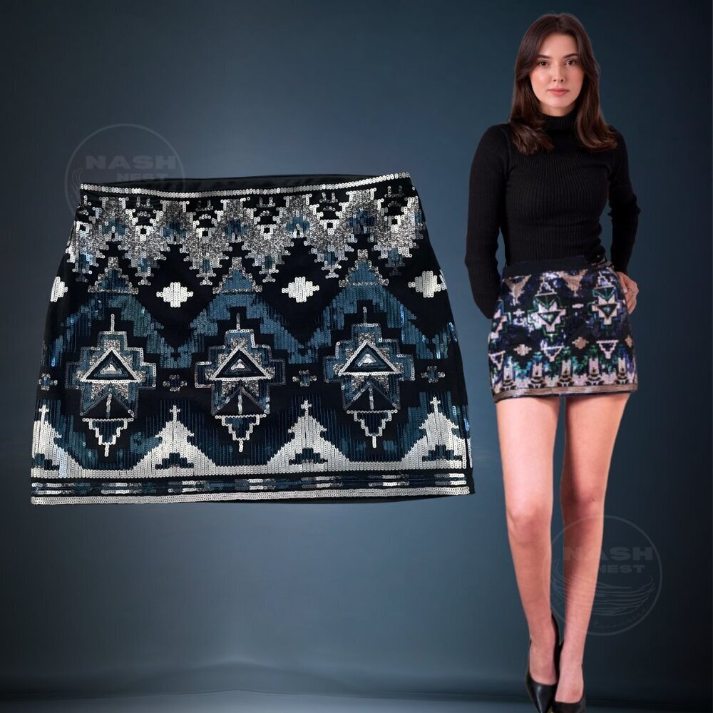 Express Sequin Mini Skirt M | Black Blue Silver Geometric Stretch Lined
